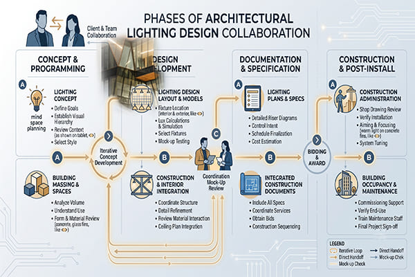 Diagram showing the phases of lighting design collaboration.